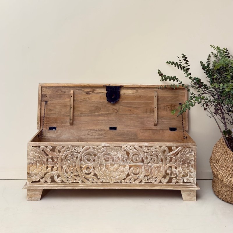 Hand-carved wooden blanket chest in rustic solid wood, open lid view revealing the storage interior and three hinges.