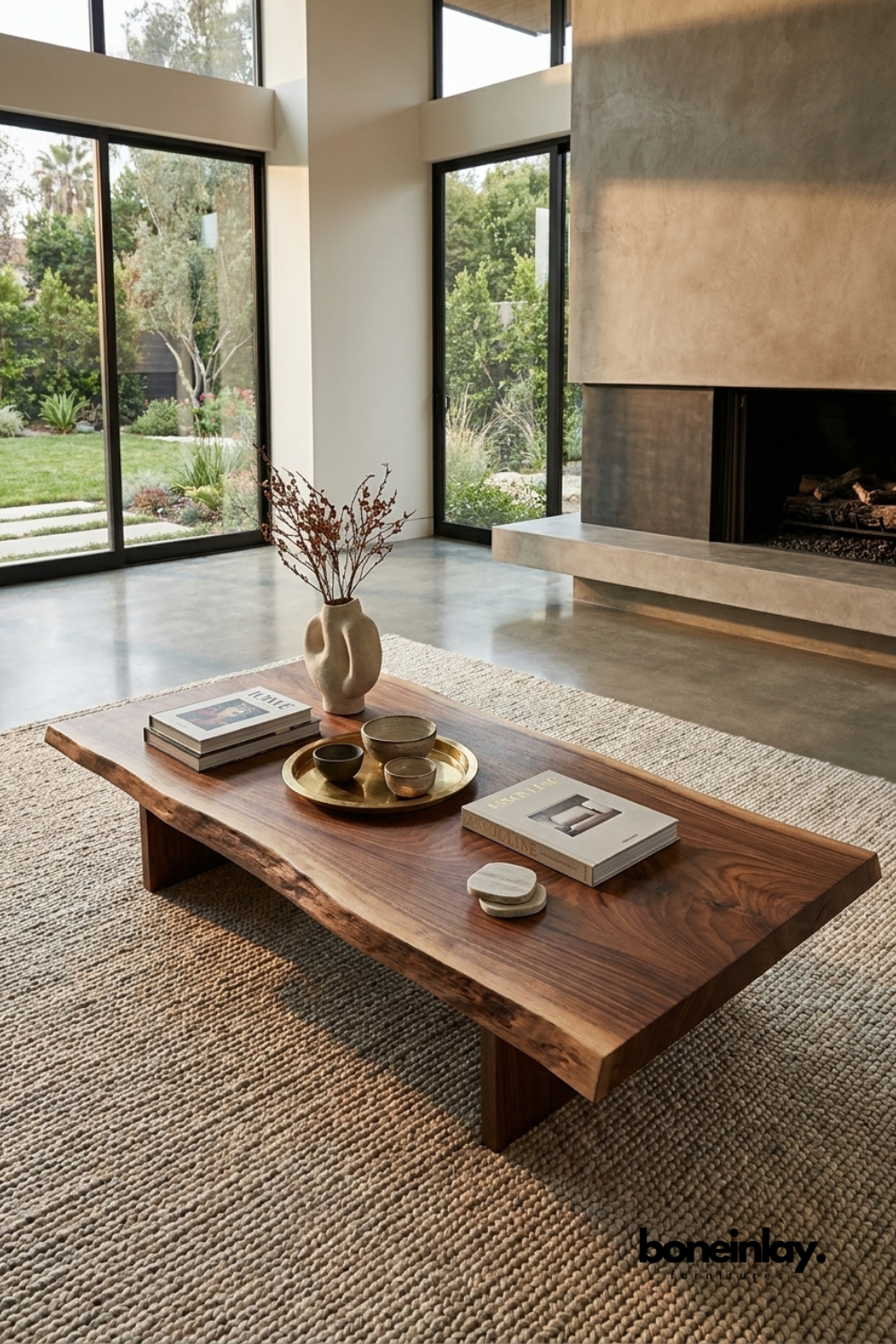 Solid wood rectangular coffee table with live edge inspired top and minimalist low profile design