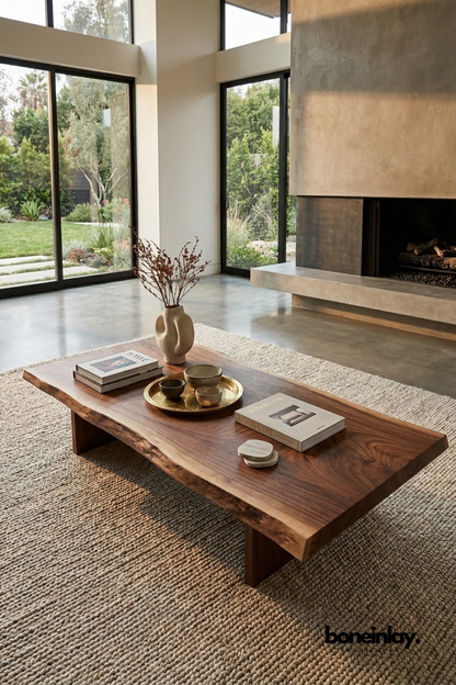 Solid wood rectangular coffee table with live edge inspired top and minimalist low profile design