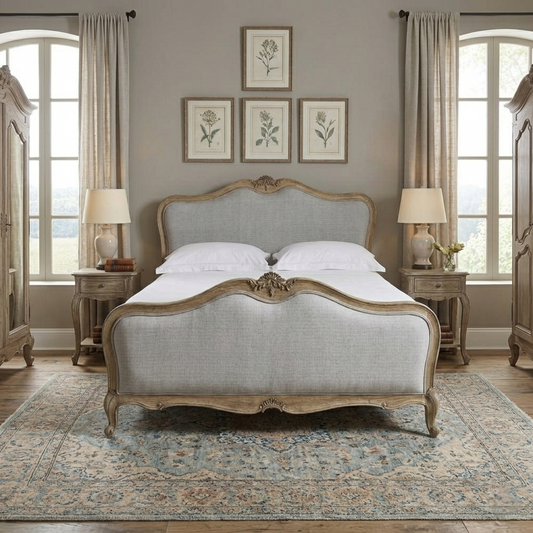 Hand Carved 1940 Antique French Louis XV Upholstered Traditional Platform Bed - front view