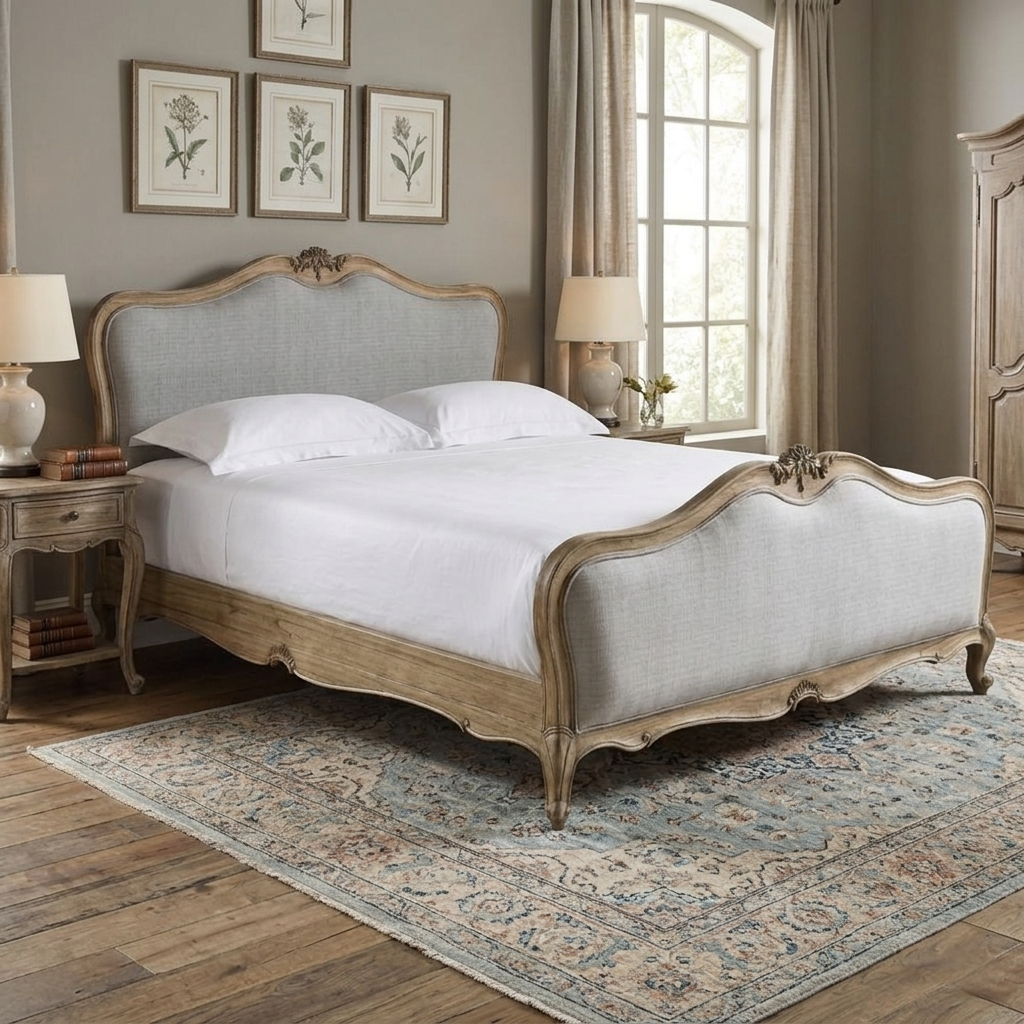 Hand Carved 1940 Antique French Louis XV Upholstered Traditional Platform Bed - side view