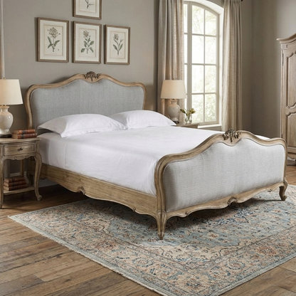 Hand Carved 1940 Antique French Louis XV Upholstered Traditional Platform Bed - side view