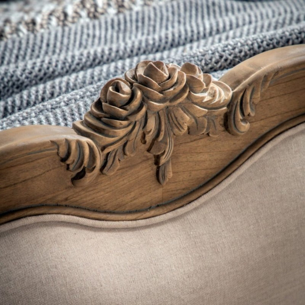 Hand Carved 1940 Antique French Louis XV Upholstered Traditional Platform Bed - footboard close up