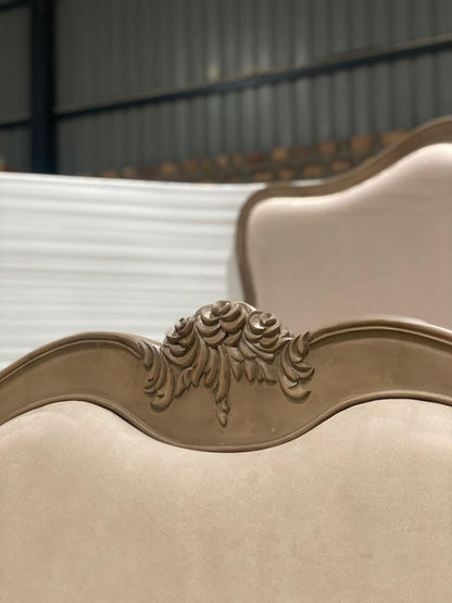 Hand Carved 1940 Antique French Louis XV Upholstered Traditional Platform Bed - close up