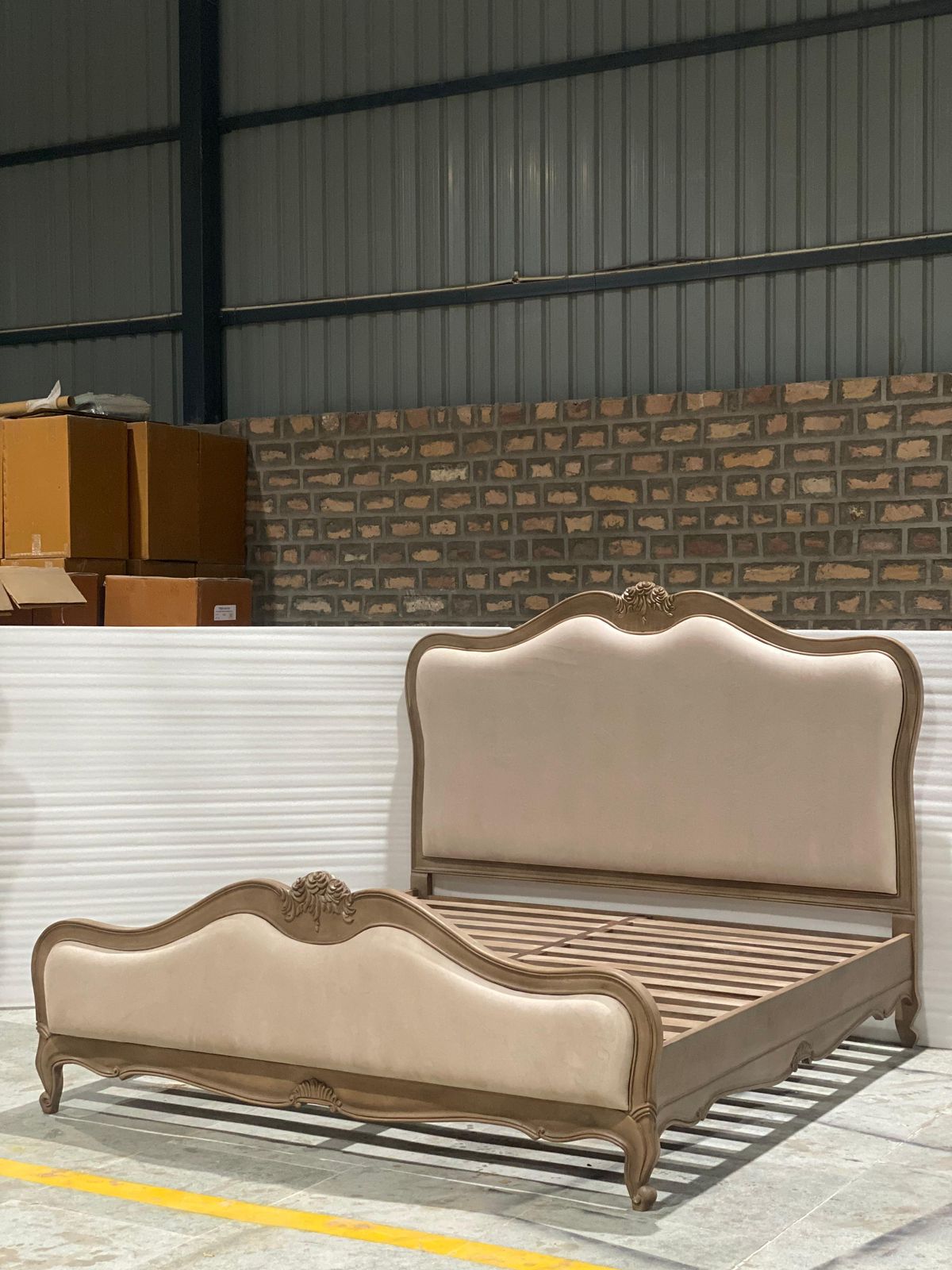 Hand Carved 1940 Antique French Louis XV Upholstered Traditional Platform Bed - natural side view