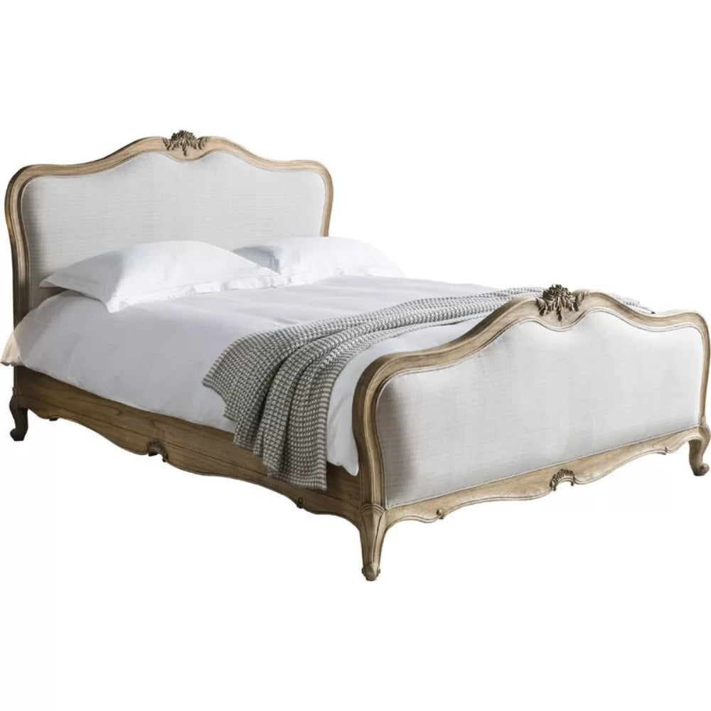 Hand Carved 1940 Antique French Louis XV Upholstered Traditional Platform Bed - side view empty room