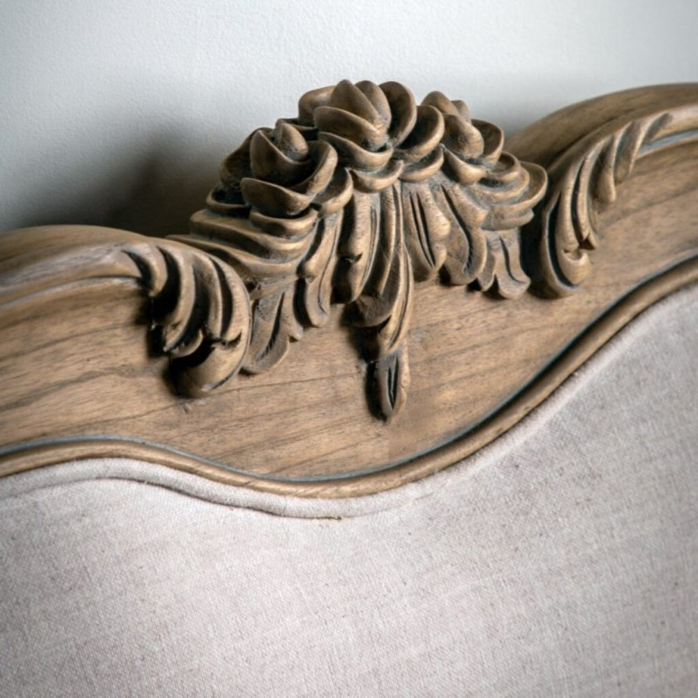 Hand Carved 1940 Antique French Louis XV Upholstered Traditional Platform Bed - headboard closeup