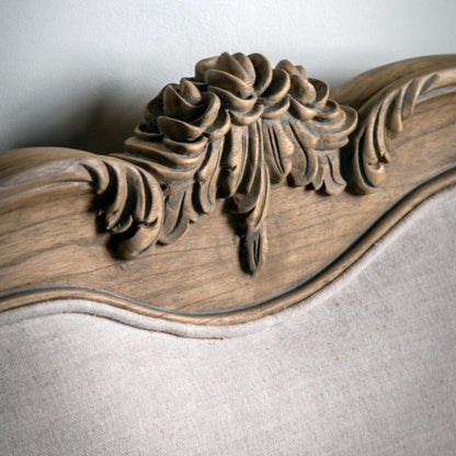 Hand Carved 1940 Antique French Louis XV Upholstered Traditional Platform Bed - headboard closeup