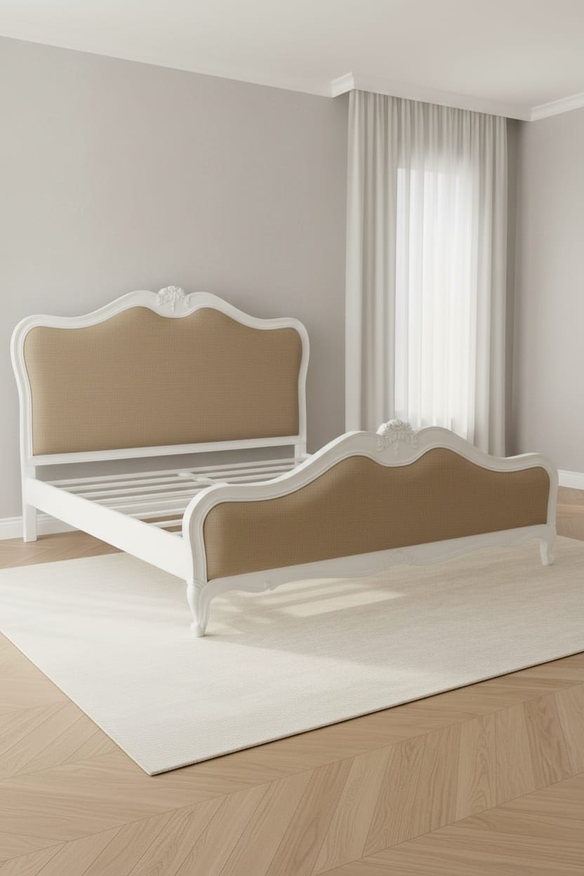 Hand Carved 1940 Antique French Louis XV Upholstered Traditional Platform Bed in white