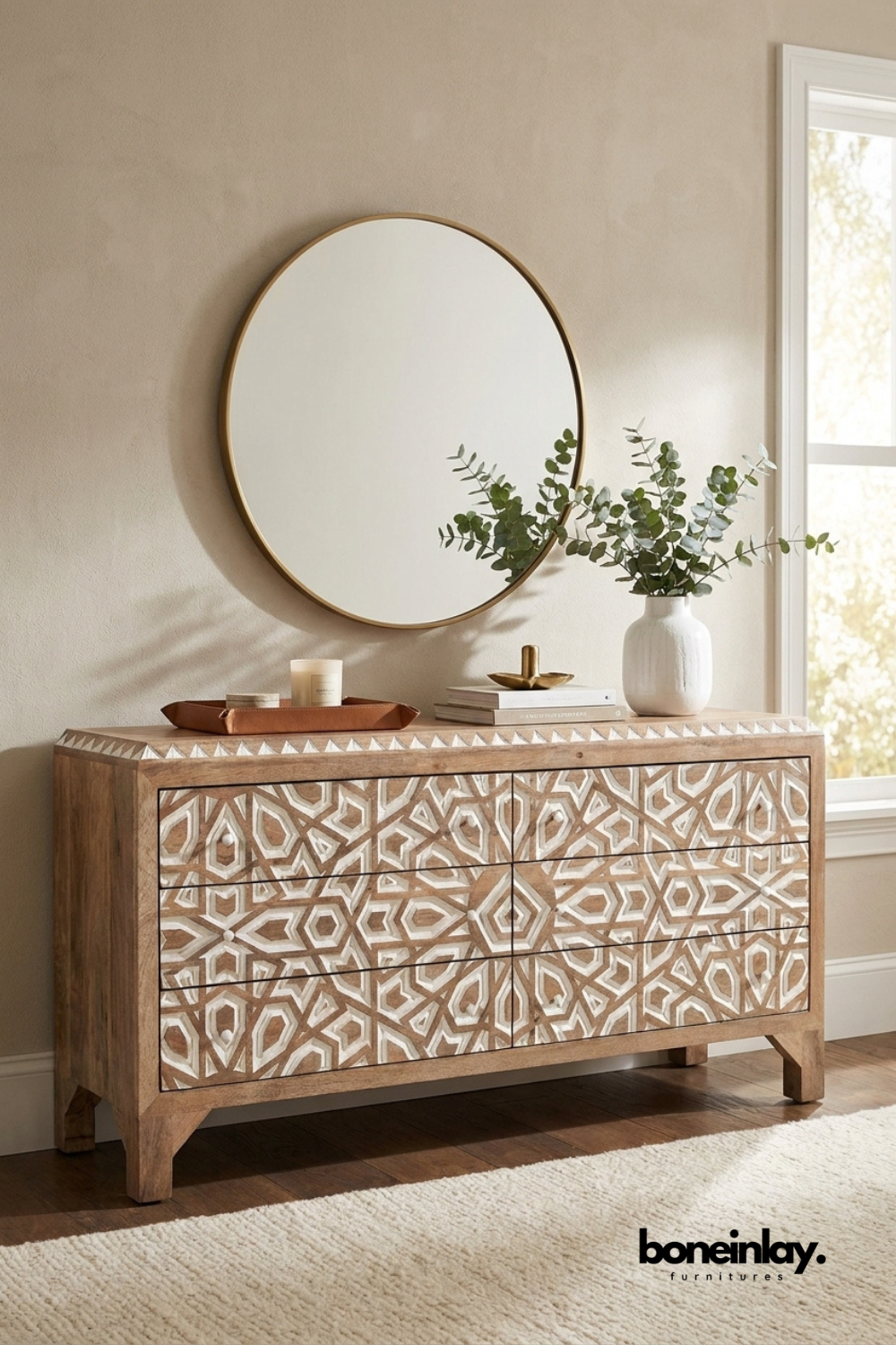 Natural wood sideboard with white geometric carved drawer fronts, handcrafted solid wood buffet cabinet offering spacious storage for dining room, living room, or entryway.