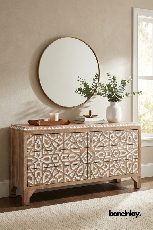 Natural wood sideboard with white geometric carved drawer fronts, handcrafted solid wood buffet cabinet offering spacious storage for dining room, living room, or entryway.