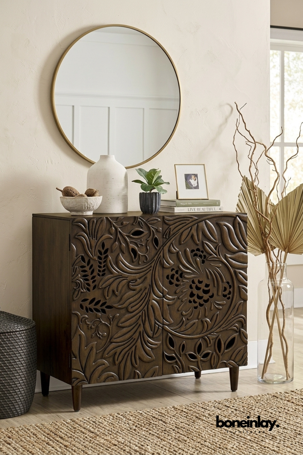 Hand carved solid wood accent cabinet with botanical carved doors, dark walnut finish, and spacious storage for modern living room interiors.