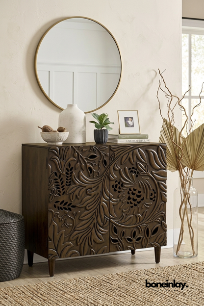Hand carved solid wood accent cabinet with botanical carved doors, dark walnut finish, and spacious storage for modern living room interiors.