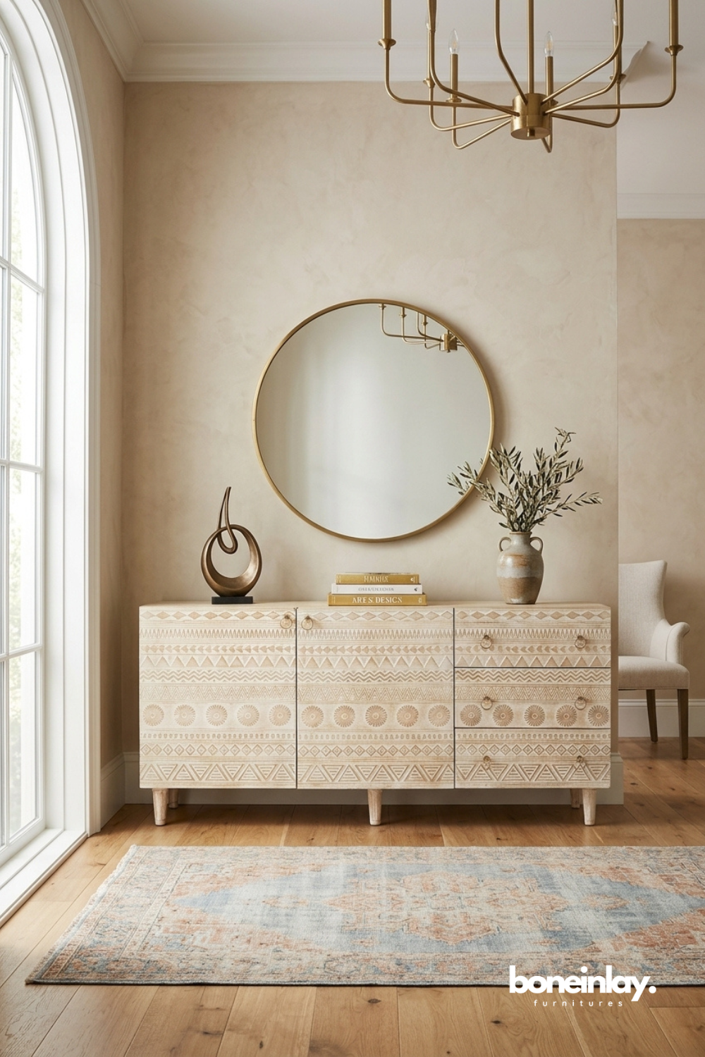 Hand carved white sideboard featuring geometric tribal patterns and multi drawer storage.
