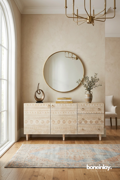 Hand carved white sideboard featuring geometric tribal patterns and multi drawer storage.