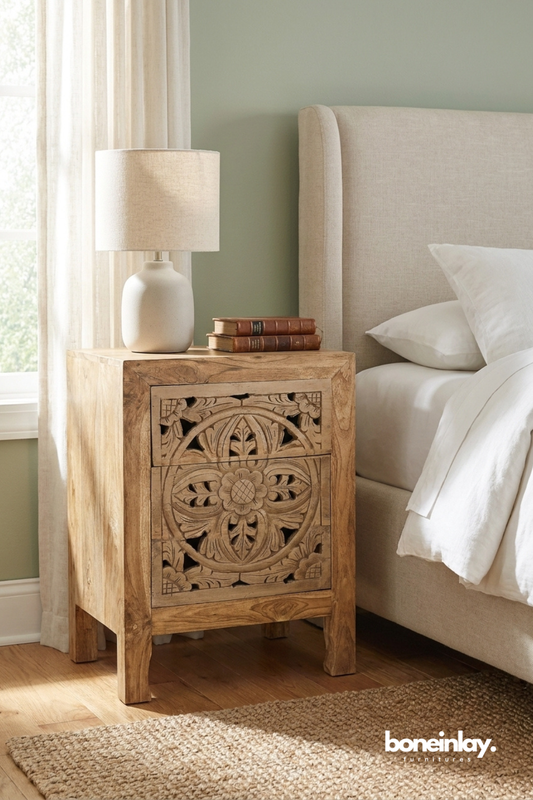 Hand Carved Solid Wood Bedside with Circular Floral Medallion Design