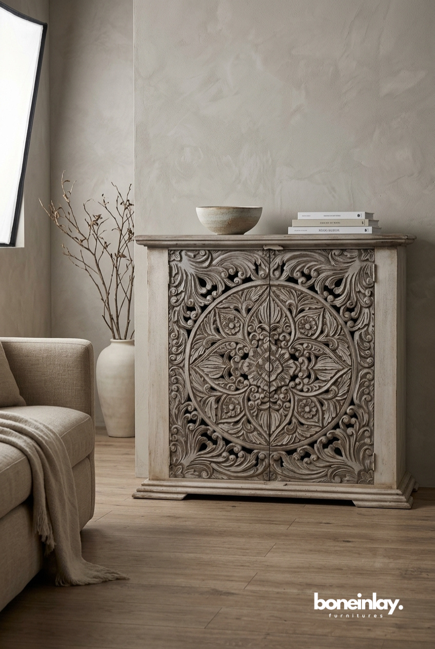 Hand Carved Mandala Accent Cabinet in Distressed White Washed Wood Finish