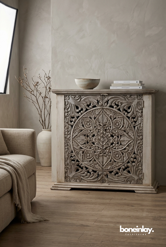 Hand Carved Mandala Accent Cabinet in Distressed White Washed Wood Finish
