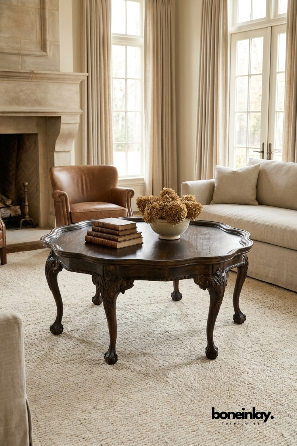 Antique dark wood round coffee table with carved legs, traditional ornate wooden living room table, classic luxury furniture .