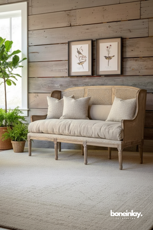 Cane-back wooden settee with neutral cushions styled against a rustic wood-paneled wall.