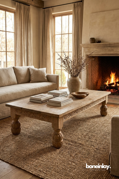 Rustic Farmhouse Coffee Table with Hand Carved Apron and Turned Legs