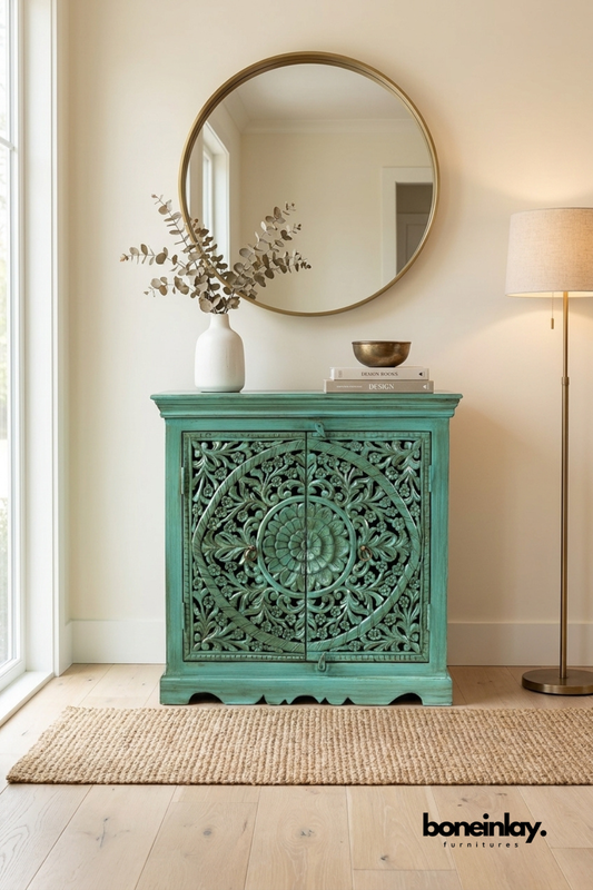 Turquoise carved wood accent cabinet with a circular floral medallion.
Detailed scroll and vine carving covers both cabinet doors.
Distressed teal-blue finish gives it a vibrant, boho character.
Styled beneath a round brass mirror with a ceramic vase.