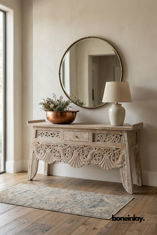 Hand carved white wooden console table with ornate floral apron, distressed finish, handcrafted hallway entry table with drawers for elegant home décor.