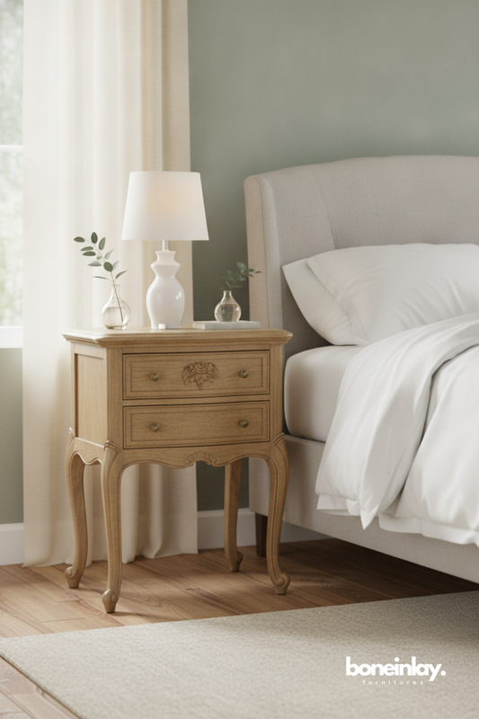 French Provincial Two Drawer Bedside Table in Natural Oak Finish