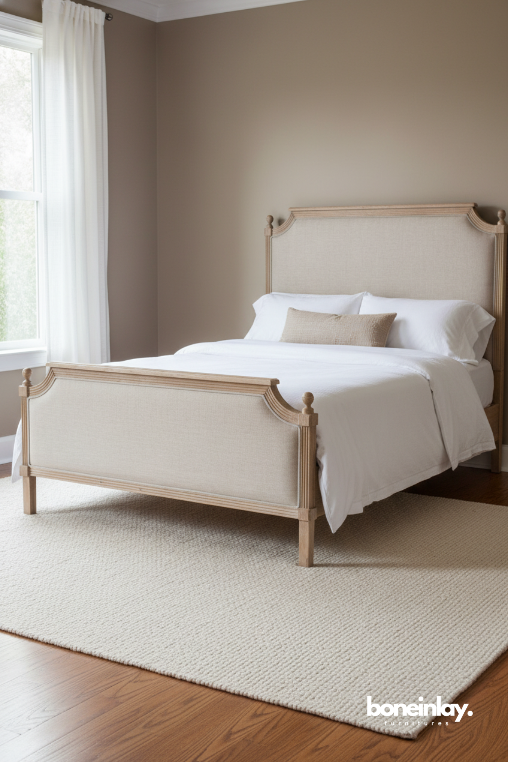 Refined upholstered panel bed with natural wood trim and timeless transitional styling.