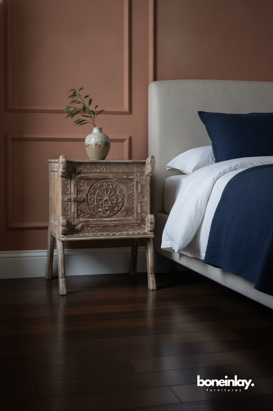 Hand Carved Rustic Wooden Bedside Cabinet with Floral Medallion Design