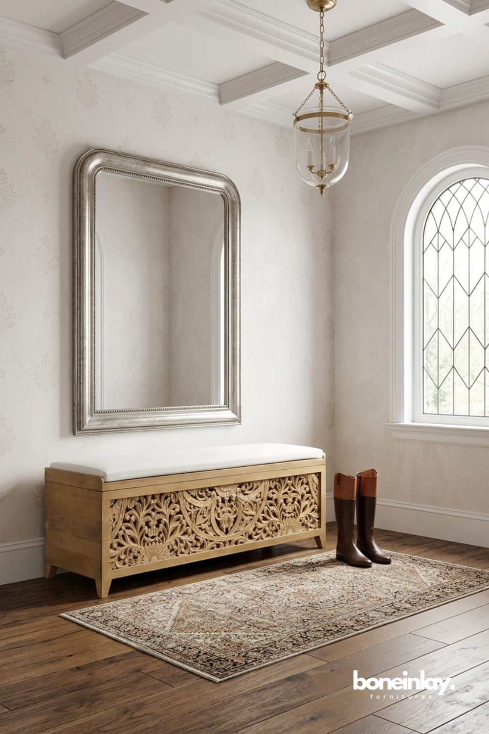 Hand carved storage bench with upholstered seat and ornate floral front panel.