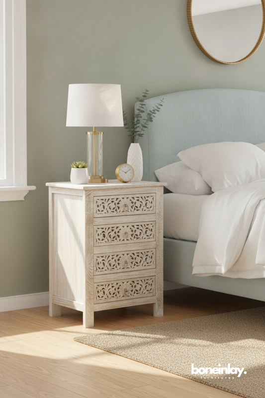 Whitewashed Wood Four Drawer Bedside Cabinet with Hand Carved Floral Pattern