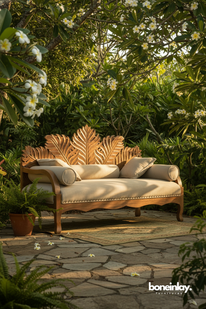 Luxury Hand-Carved Wooden Loveseat with Leaf Back Design