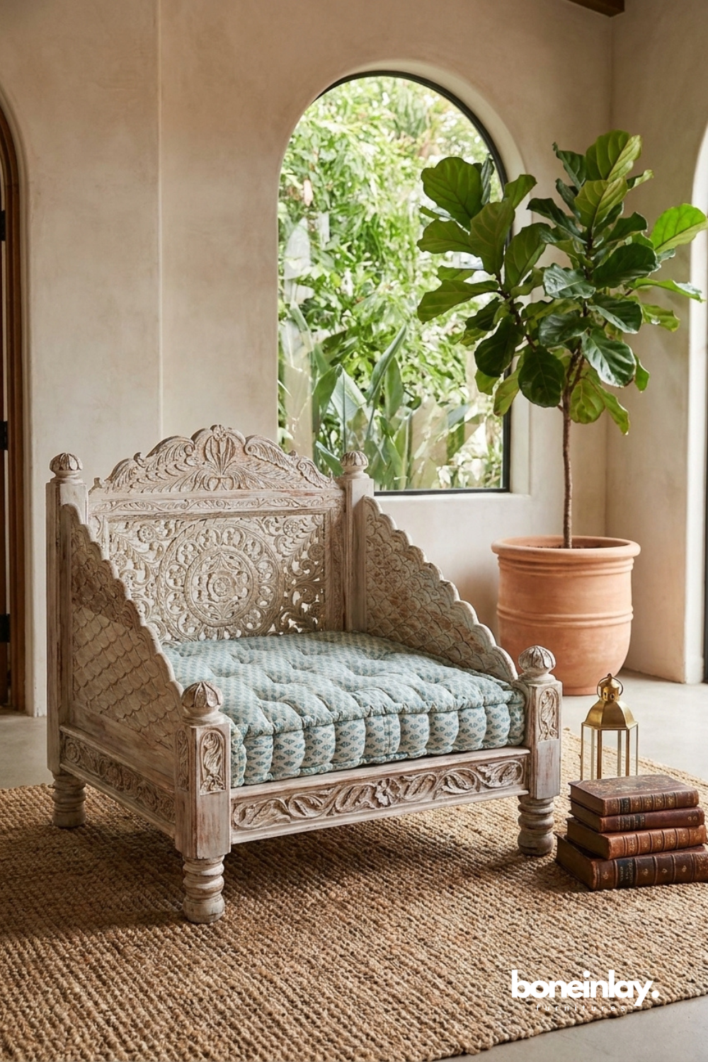 Vintage Carved Accent Loveseat with Ornate Mandala Backrest