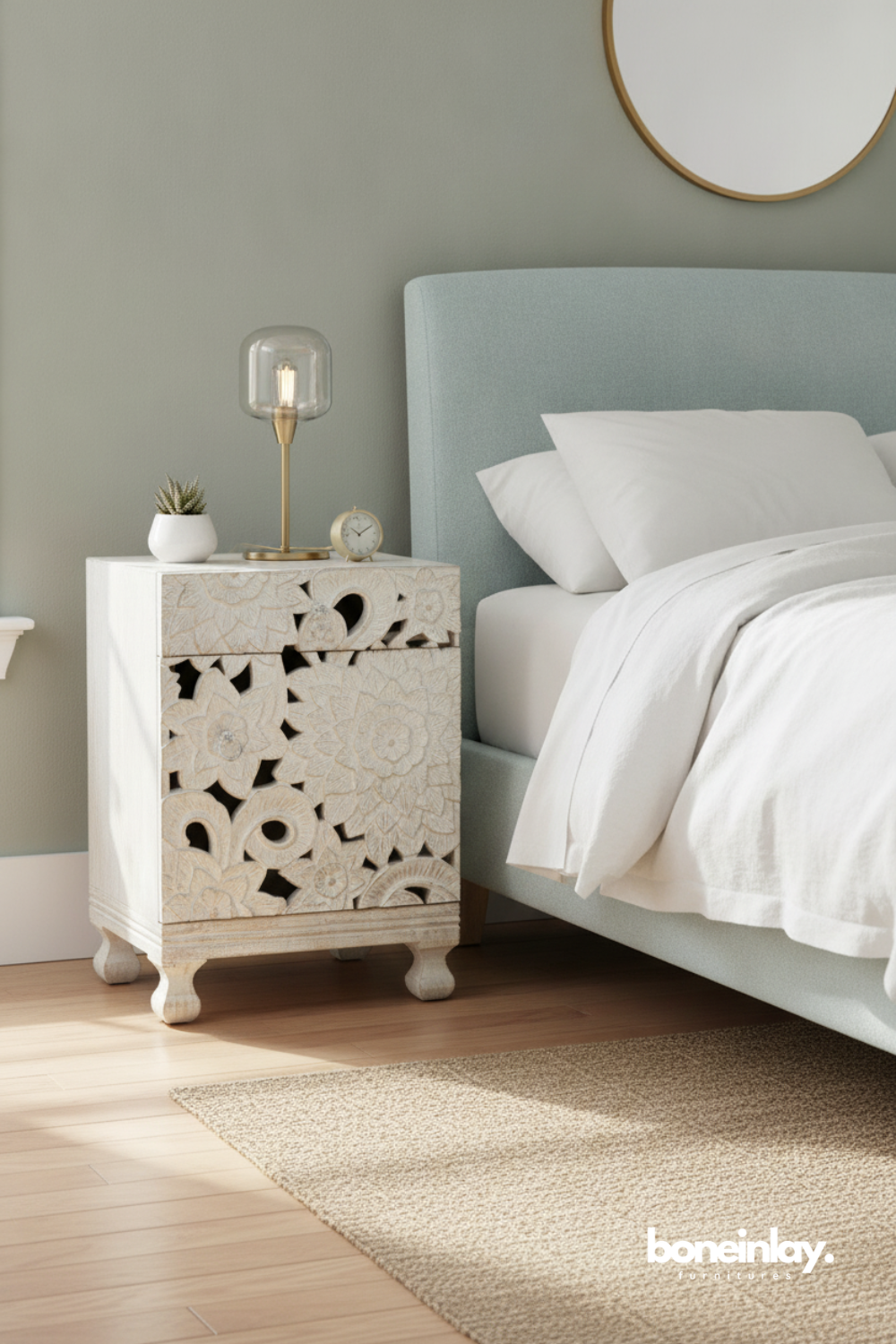 Whitewashed Hand Carved Floral Four Drawer Bedside Table in Distressed Finish