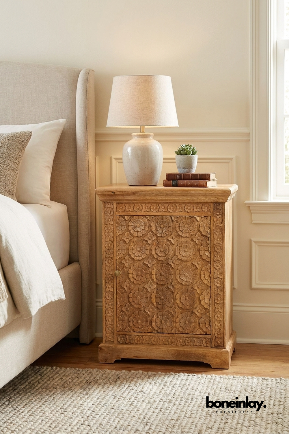 Natural Wood Bedside Cabinet with Hand Carved Floral Medallion Pattern and Rustic Finish