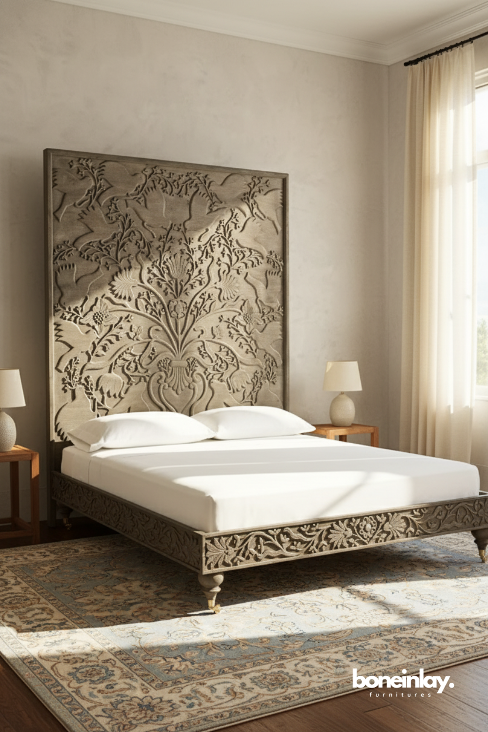 Hand carved floral bed with oversized botanical headboard and carved wooden frame.