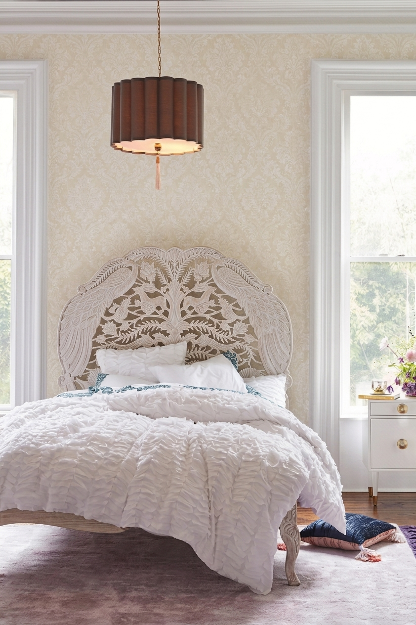 Front view of a hand-carved mango wood Woodland bed in white satin finish with intricate pierced peacock and floral headboard.