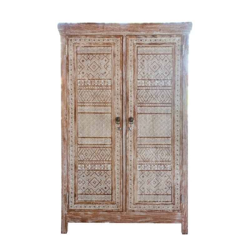 Hand carved tall wardrobe crafted from wood, side profile view showing the armoire's carved depth and finish.