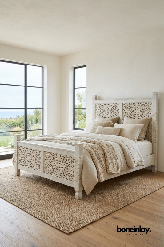 Whitewashed carved wooden bed in a serene bedroom with textured bedding, woven area rug, oversized windows, and soft coastal-inspired decor.