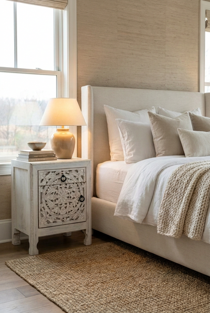 Rustic carved nightstand cabinet in solid wood, styled in bedroom beside an upholstered bed with a lamp and stacked books.