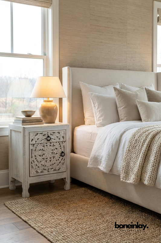 White Wash Carved Bone Inlay Bedside Table