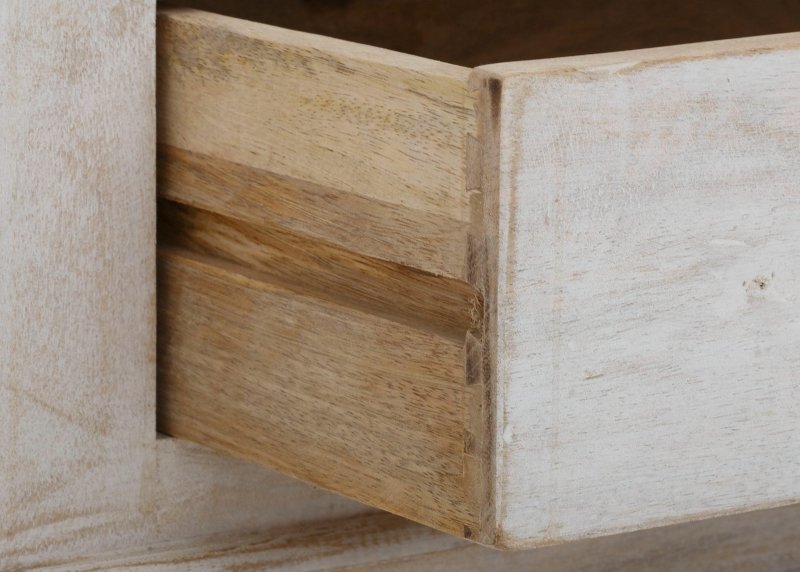 Hand Carved White Wardrobe close-up of the open door edge beside the unfinished wood interior and painted outer panel.