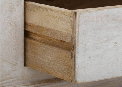 Hand Carved White Wardrobe close-up of the open door edge beside the unfinished wood interior and painted outer panel.