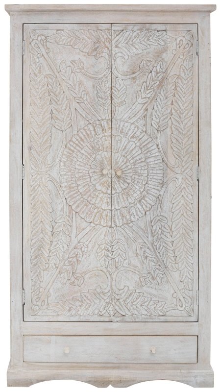 Hand Carved White Wood Wardrobe shown straight on, displaying the raised floral door carving and single lower drawer.