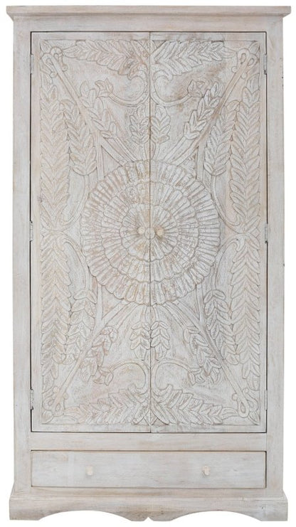 Hand Carved White Wood Wardrobe shown straight on, displaying the raised floral door carving and single lower drawer.