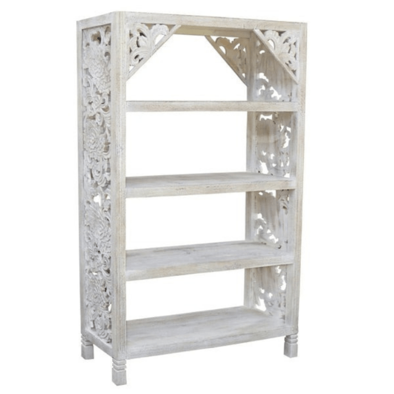 Hand carved wood bookcase with a rustic finish, front view angled to reveal the left floral panel and open shelves.