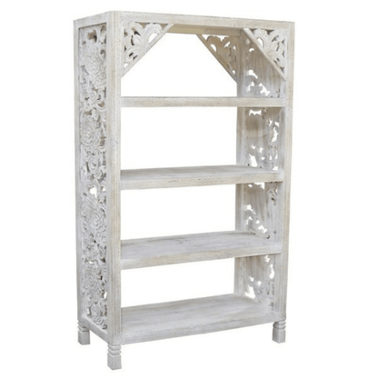 Hand carved wood bookcase with a rustic finish, front view angled to reveal the left floral panel and open shelves.