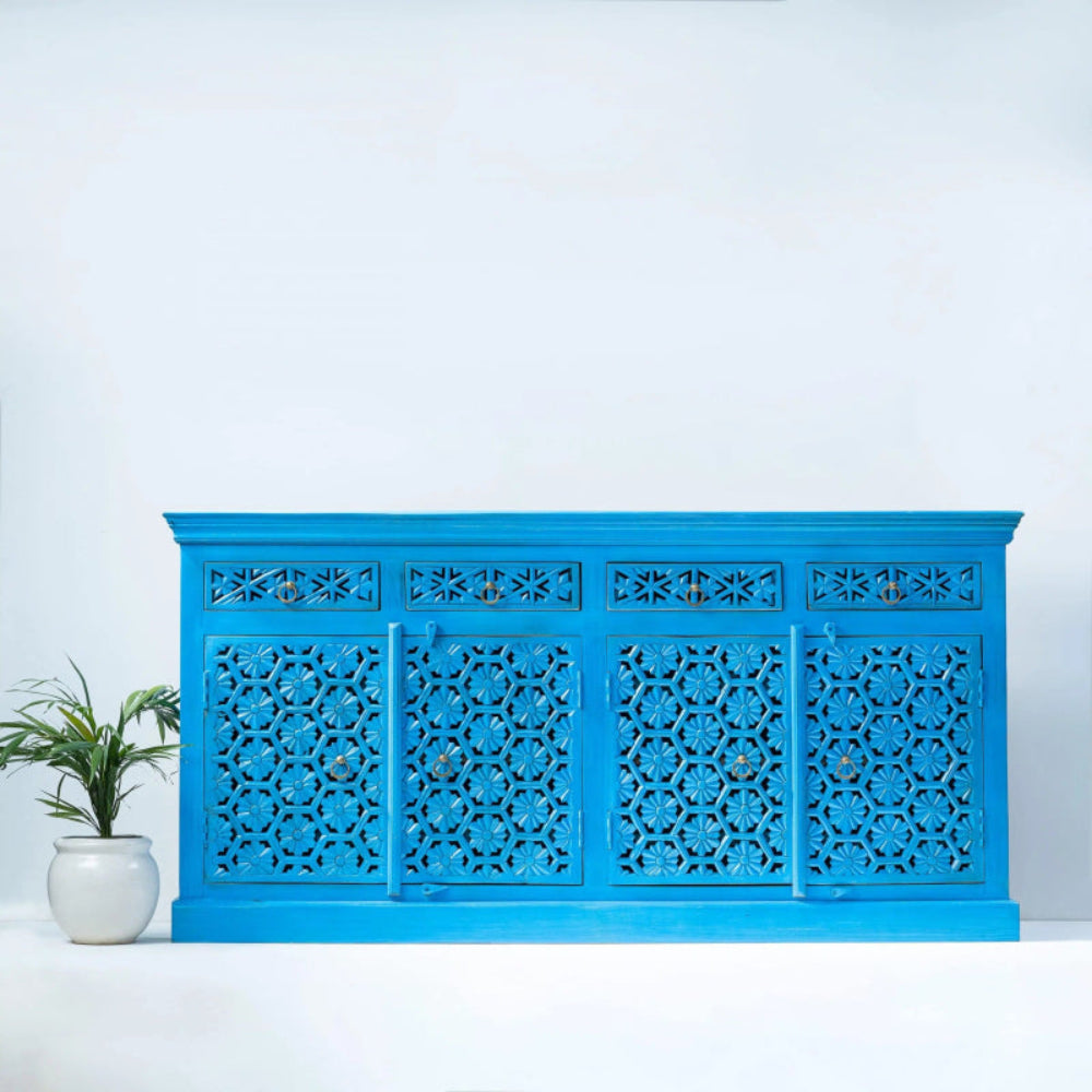 Hand Carved Wood Buffet in Carolina Blue, front view showing four lattice doors and four ring-pull drawers.