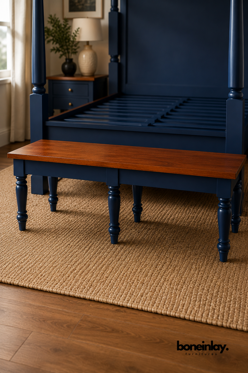 Long wood bench with a rich mahogany-tone tabletop and blue painted legs.
Six hand-turned wood legs provide sturdy, decorative support.
Solid wood plank top showcases natural grain and warm reddish-brown tone.
Photographed in a workshop beside a matching blue four-poster bed frame.